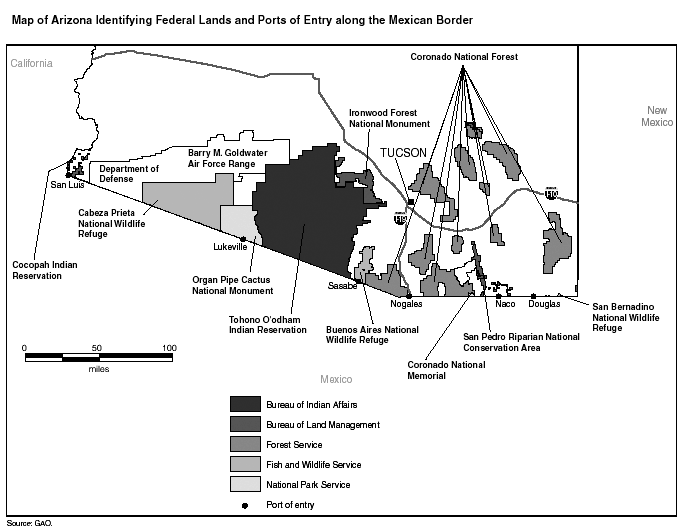 Detailed map of southern Arizona showing Federal lands and portals of entry